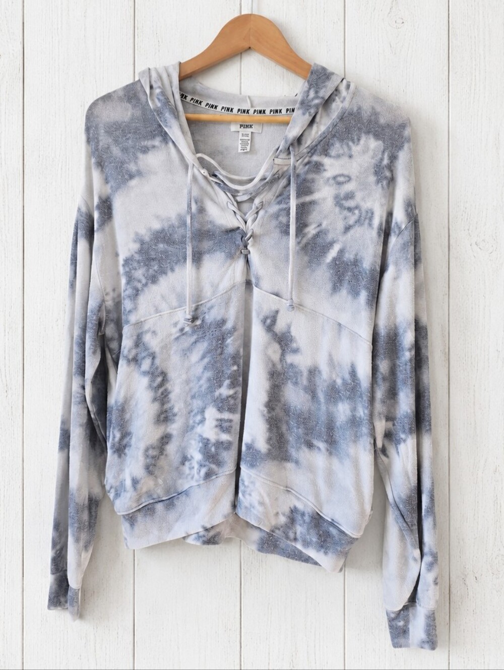 PINK Victoria's Secret Gray & White Tie-Dye Lace-Up Hoodie Size S
